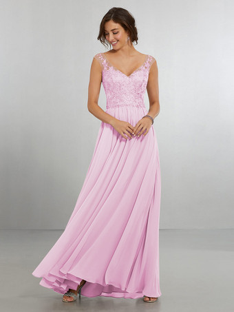 Rosa ChiaroAbito da damigella d'onore Abito da cerimonia nuziale a trapezio in chiffon lungo fino al pavimento