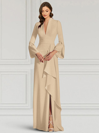 ベージュ パーティードレス 花嫁の母用 Vネック 長袖 マーメイドフリル フロアレングス ゲストドレス 結婚式用