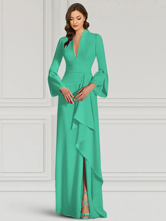 ライトグリーン パーティードレス 花嫁の母用 Vネック 長袖 マーメイドフリル フロアレングス ゲストドレス 結婚式用