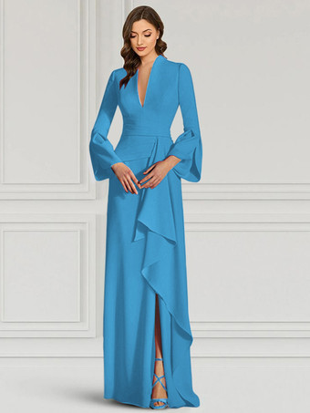 ブルーパーティードレス 花嫁の母用 Vネック 長袖 マーメイドフリル フロアレングス ゲストドレス 結婚式用