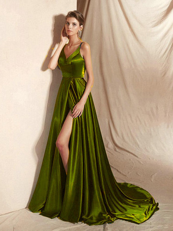 アボカドグリーンイブニングドレス Aライン Vネック サテン生地 トレーン付き フロントスリット 社交パーティードレス