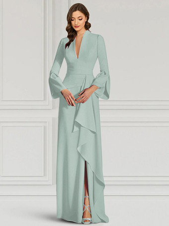 パステルグリーンパーティードレス 花嫁の母用 Vネック 長袖 マーメイドフリル フロアレングス ゲストドレス 結婚式用