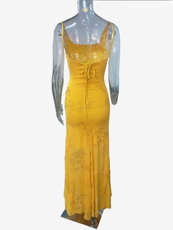 Abito lungo aderente a sirena con scollo quadrato senza maniche con dettagli floreali per donna 2026