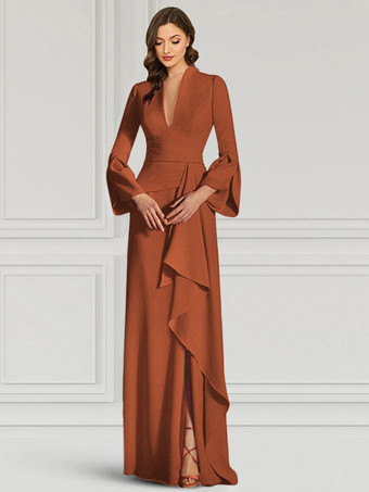 ブリックレッドパーティードレス 花嫁の母用 Vネック 長袖 マーメイドフリル フロアレングス ゲストドレス 結婚式用