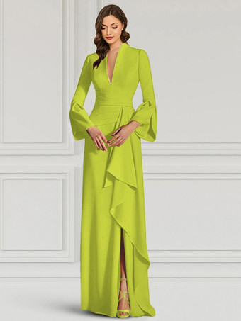 オリーブグリーンパーティードレス 花嫁の母用 Vネック 長袖 マーメイドフリル フロアレングス ゲストドレス 結婚式用