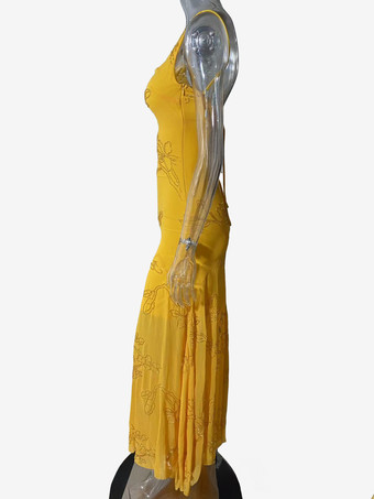 Abito lungo aderente a sirena con scollo quadrato senza maniche con dettagli floreali per donna 2026