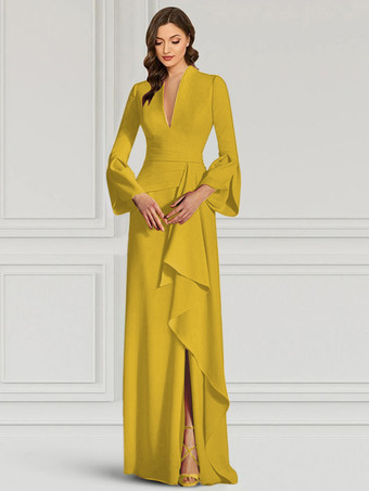 イエローパーティードレス 花嫁の母用 Vネック 長袖 マーメイドフリル フロアレングス ゲストドレス 結婚式用