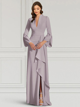 ラベンダーパーティードレス 花嫁の母用 Vネック 長袖 マーメイドフリル フロアレングス ゲストドレス 結婚式用