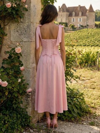 Abito midi a trapezio con cintura e lacci sulle spalle per donna 2026