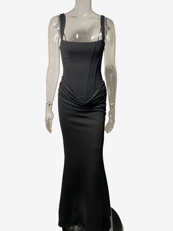 Vestido de fiesta largo estilo sirena con escote cuadrado espalda fruncida y cordones para mujer 2026