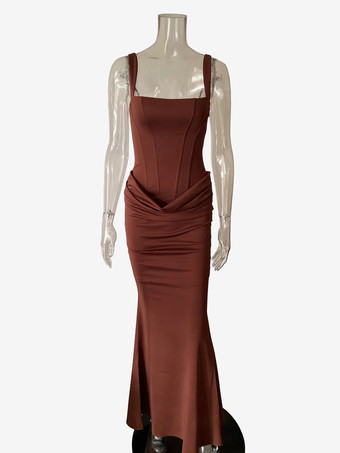 Vestido de fiesta largo estilo sirena con escote cuadrado espalda fruncida y cordones para mujer 2026