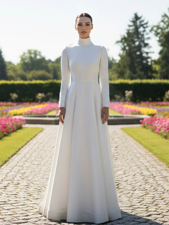 ホワイトシンプルなウェディングドレス Aライン ハイカラー 長袖 ボタン付き ブライダルドレス