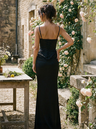 Vestido de fiesta largo estilo sirena con escote cuadrado espalda fruncida y cordones para mujer 2026