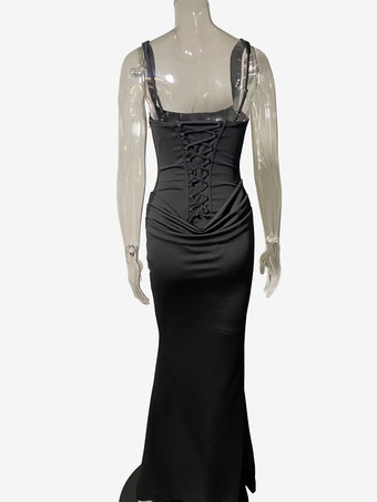 Vestido de fiesta largo estilo sirena con escote cuadrado espalda fruncida y cordones para mujer 2026