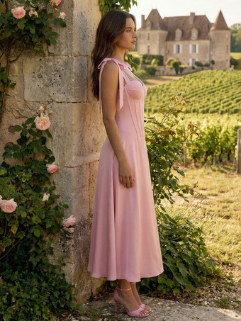 Abito midi a trapezio con cintura e lacci sulle spalle per donna 2026