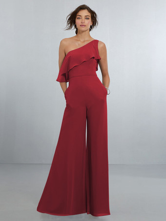バーガンディーシフォン ブライズメイド ドレス ジャンプスーツ ワンショルダー アシンメトリー ウェディング パーティードレス