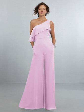 ピーチシフォン ブライズメイド ドレス ジャンプスーツ ワンショルダー アシンメトリー ウェディング パーティードレス