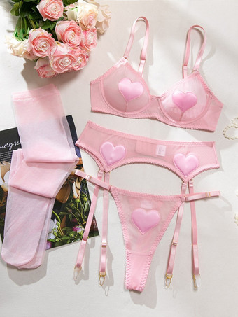 ピンクブライダルレースランジェリー セクシーレッド 大人用ブラ＆パンティ4点セット