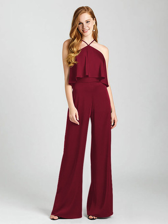 バーガンディーブライズメイドドレス サテン生地 ジャンプスーツ フロアレングス フォーマルガウン