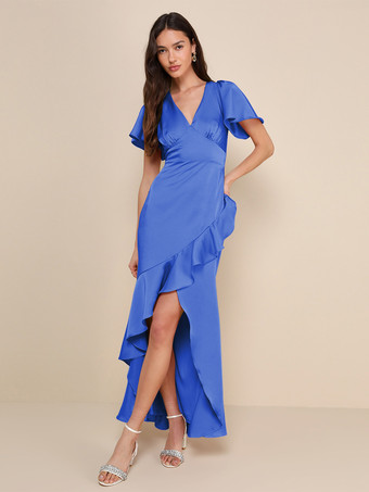 Dazzling BlauRosa Brautjungfernkleid V-Ausschnitt Rüschen Asymmetrisches A-Linien-Maxikleid