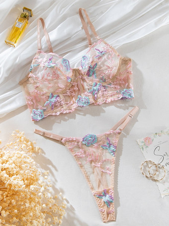Conjunto de 2 piezas de lencería sexy con bustiers y braguitas bordadas en color rosa