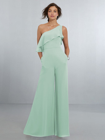 パステルグリーンシフォン ブライズメイド ドレス ジャンプスーツ ワンショルダー アシンメトリー ウェディング パーティードレス