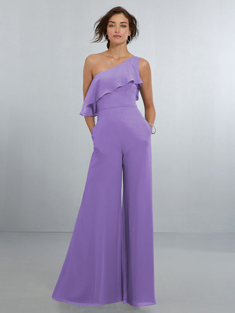 ラベンダーシフォン ブライズメイド ドレス ジャンプスーツ ワンショルダー アシンメトリー ウェディング パーティードレス