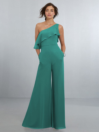 ブルーグリーンシフォン ブライズメイド ドレス ジャンプスーツ ワンショルダー アシンメトリー ウェディング パーティードレス