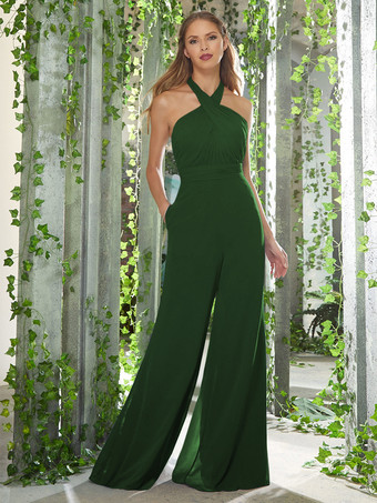 Verde ScuroAbiti da damigella d'onore Tuta Abito da ballo in chiffon lungo fino al pavimento con scollo all'americana