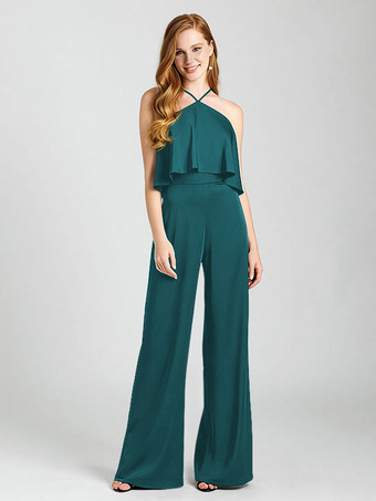 ティールブライズメイドドレス サテン生地 ジャンプスーツ フロアレングス フォーマルガウン