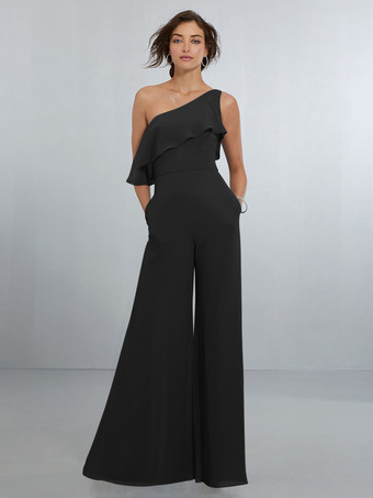 ブラックシフォン ブライズメイド ドレス ジャンプスーツ ワンショルダー アシンメトリー ウェディング パーティードレス
