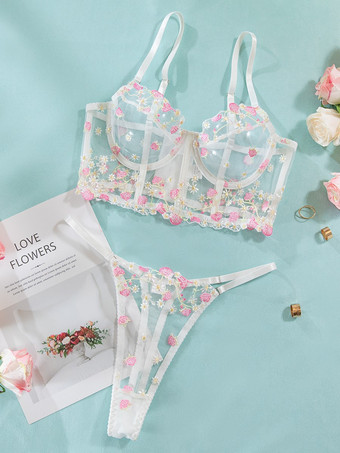 Conjunto de 2 piezas de lencería sexy con bustiers y braguitas bordadas en color rosa