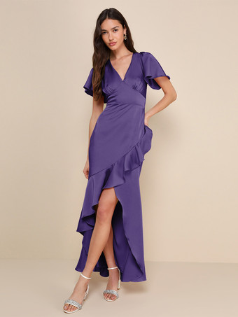 LilaRosa Brautjungfernkleid V-Ausschnitt Rüschen Asymmetrisches A-Linien-Maxikleid