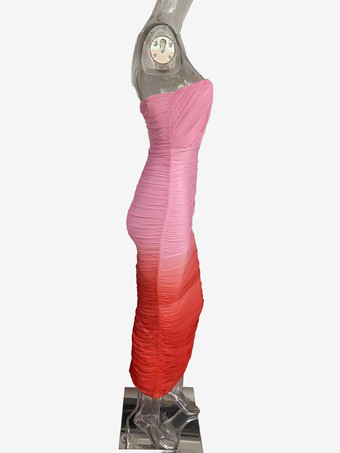 グラデーションカラーのストラップレスマキシドレス（レディース） - ピーチカラーのギャザー入りボディコンチューブドレス（バックスリット付き） - 2026年夏リゾートウェア