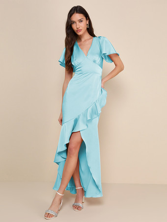 BabyblauRosa Brautjungfernkleid V-Ausschnitt Rüschen Asymmetrisches A-Linien-Maxikleid