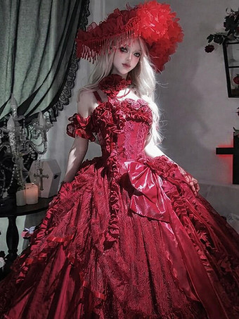 ゴシックウェディングロリータドレス フリルリボン 赤白ガウン