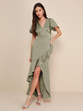 Salbeigrün      Rosa Brautjungfernkleid V-Ausschnitt Rüschen Asymmetrisches A-Linien-Maxikleid