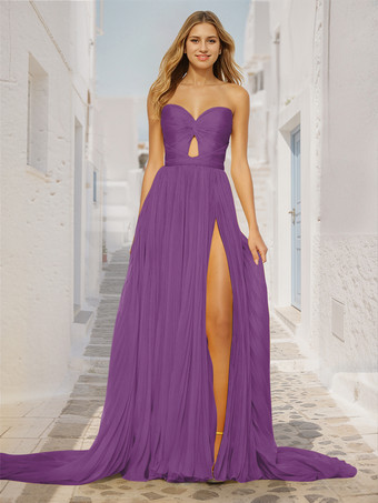 VioletaVestido de fiesta Corte A Escote en forma de corazón Cola corte Sin mangas Cremallera Plisado Vestidos de fiesta sociales