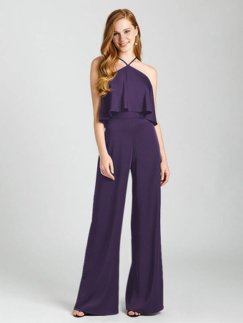 プラムブライズメイドドレス サテン生地 ジャンプスーツ フロアレングス フォーマルガウン