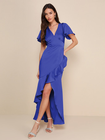 DunkelmarineblauRosa Brautjungfernkleid V-Ausschnitt Rüschen Asymmetrisches A-Linien-Maxikleid