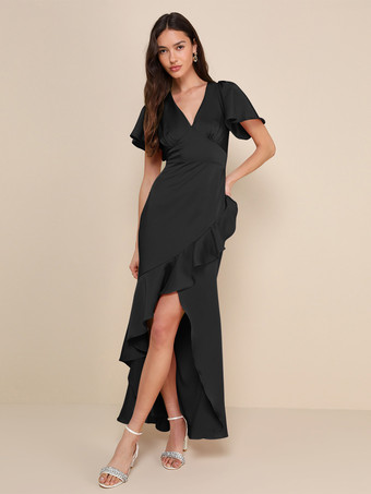 SchwarzRosa Brautjungfernkleid V-Ausschnitt Rüschen Asymmetrisches A-Linien-Maxikleid