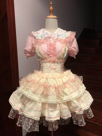 Rose ClairRobes gothiques Lolita à volants à pois rose vert