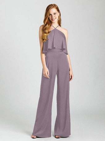 ダークピンクブライズメイドドレス サテン生地 ジャンプスーツ フロアレングス フォーマルガウン