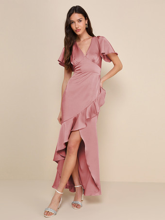 PerlrosaRosa Brautjungfernkleid V-Ausschnitt Rüschen Asymmetrisches A-Linien-Maxikleid