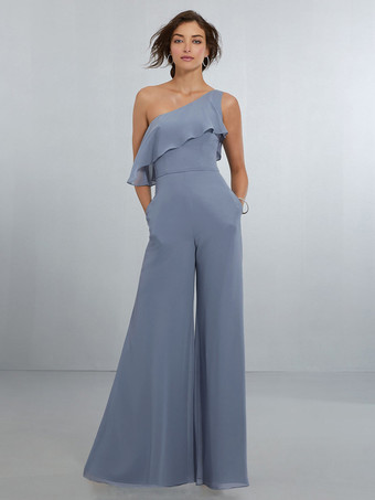 グレーブルーシフォン ブライズメイド ドレス ジャンプスーツ ワンショルダー アシンメトリー ウェディング パーティードレス