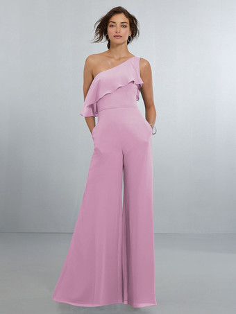 サーモンピンクシフォン ブライズメイド ドレス ジャンプスーツ ワンショルダー アシンメトリー ウェディング パーティードレス