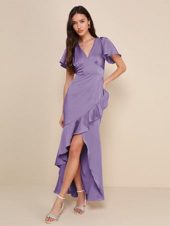 FliederfarbeRosa Brautjungfernkleid V-Ausschnitt Rüschen Asymmetrisches A-Linien-Maxikleid