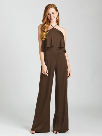 ブラウンブライズメイドドレス サテン生地 ジャンプスーツ フロアレングス フォーマルガウン