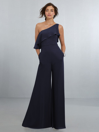 ダークネイビーシフォン ブライズメイド ドレス ジャンプスーツ ワンショルダー アシンメトリー ウェディング パーティードレス