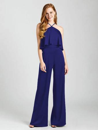 ロイヤルブルーブライズメイドドレス サテン生地 ジャンプスーツ フロアレングス フォーマルガウン